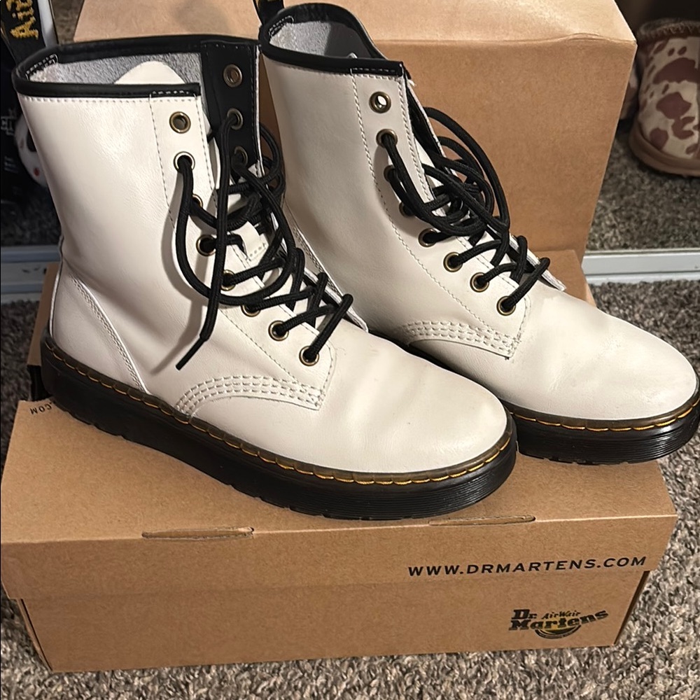 Dr. Martens Black and White Combat Boots with Chunky Sole
